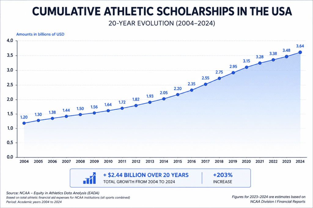 Growth of NCAA college athletic scholarships in the United States from 2004 to 2024