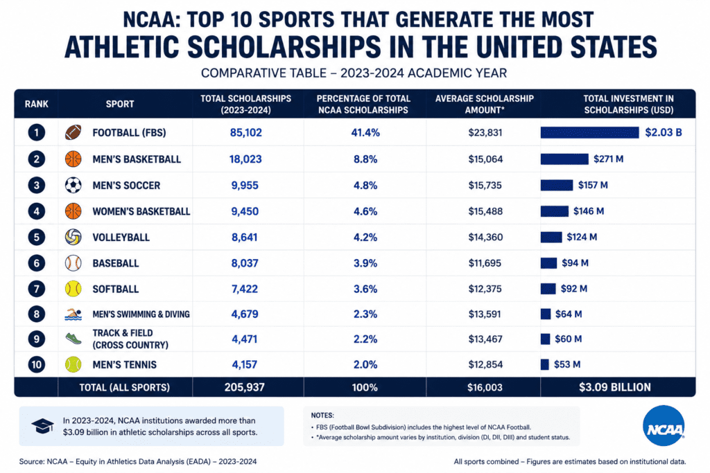 Top 10 NCAA sports offering the most athletic scholarships in American universities