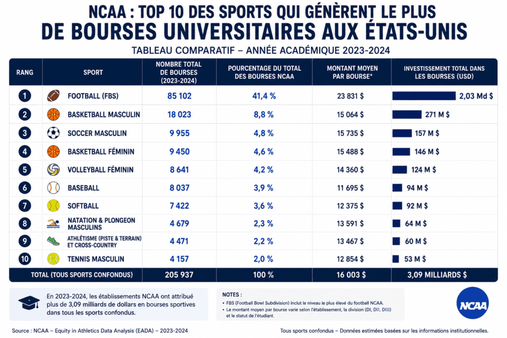 Top 10 des sports NCAA qui offrent le plus de bourses sportives aux États-Unis en université américaine