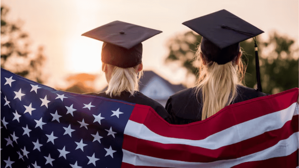Étudiants diplômés portant un drapeau américain, illustrant l'éligibilité pour étudier et devenir étudiant-athlète aux États-Unis.