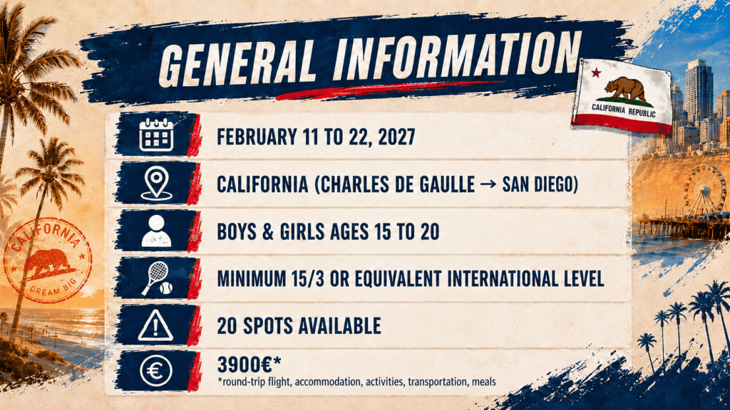 Tennis camp USA in California 2027: dates, destination, age, level, spots available and price