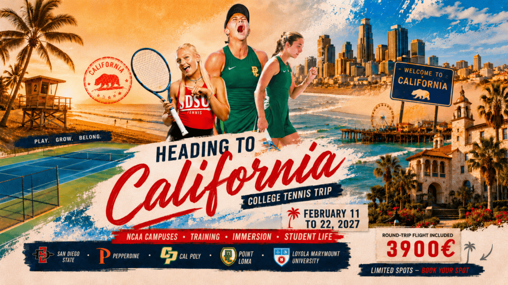 Tennis camp USA California college tennis trip featuring San Diego State, Pepperdine, Cal Poly, Point Loma and LMU, February 11 to 22, 2027