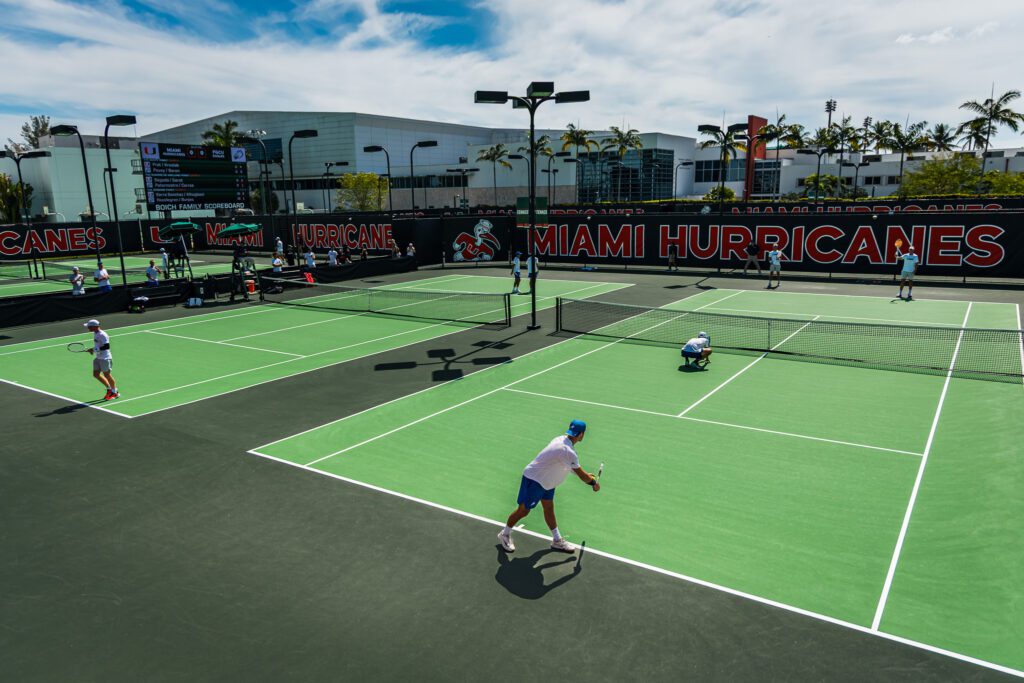 View of the University of Miami courts during a college tennis match in Florida
