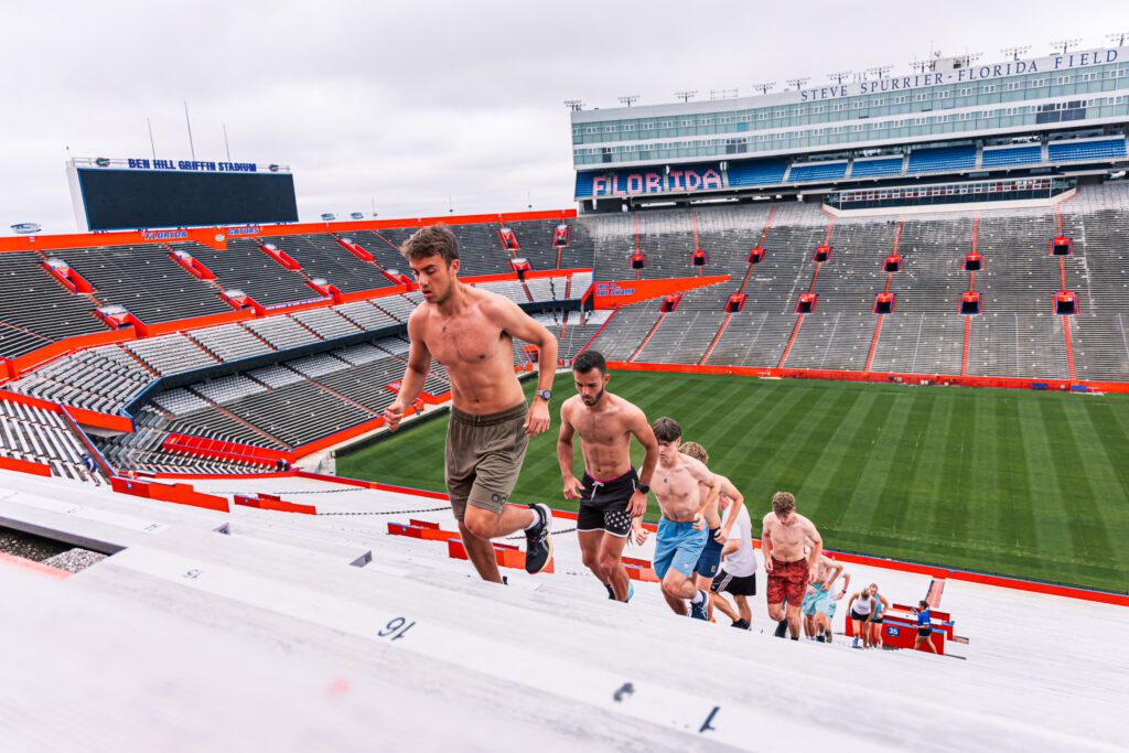 Physical training in the stands of the University of Florida stadium